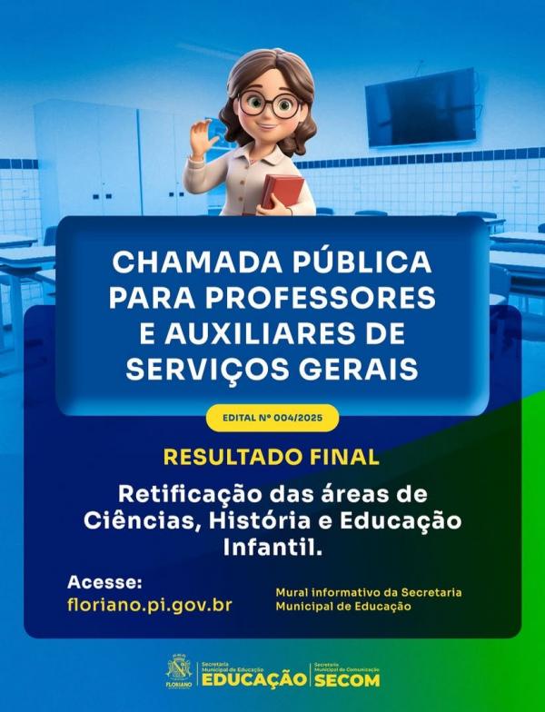 Prefeitura de Floriano divulga resultado final da chamada pública com retificações em três áreas