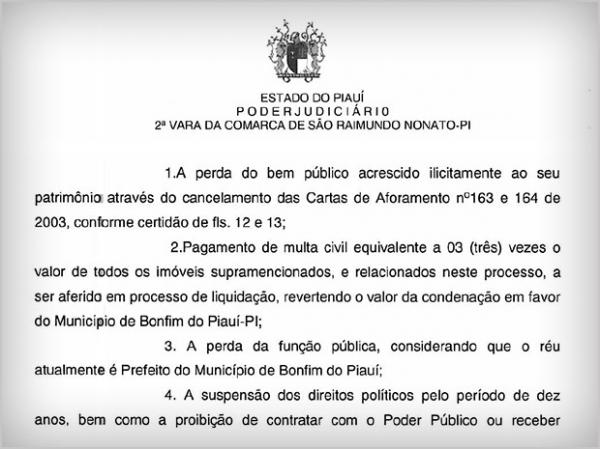 Prefeito é condenado por transferir bens do município para a família no PI