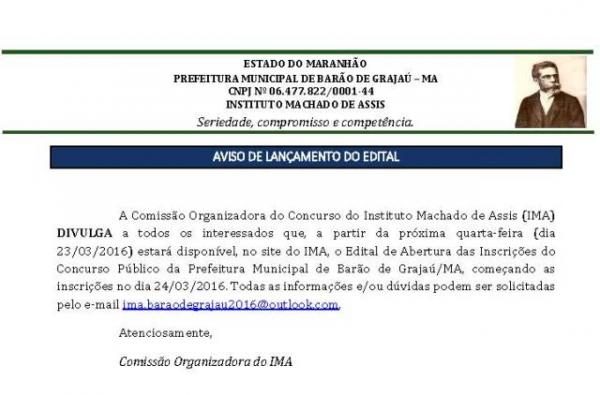 Concurso p&uacute;blico da Prefeitura de Bar&atilde;o de Graja&uacute; ser&aacute; aberto nesta quinta.(Imagem:Reprodu&ccedil;&atilde;o)