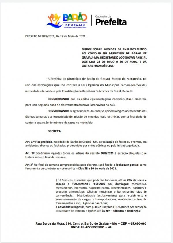 Prefeita de Barão de Grajaú decreta lockdown no município