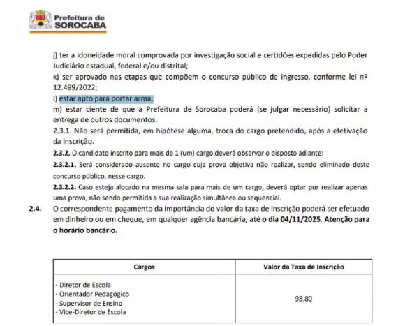 Prefeitura de Sorocaba exige porte de arma para diretor de escola em edital de concurso público