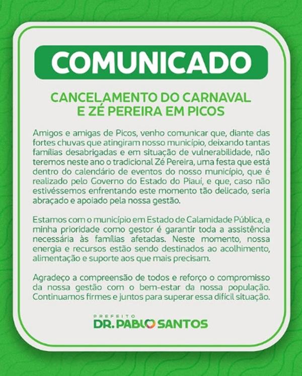 Comunidado do prefeito de Picos, Dr. Pablo Santos(Imagem:Reprodu&ccedil;&atilde;o)
