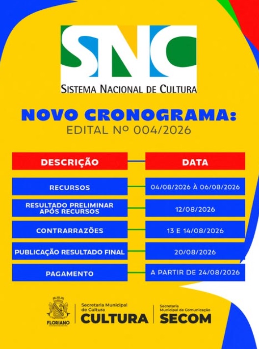 Prefeitura de Floriano divulga novo cronograma do Edital nº 004/2026 da PNAB