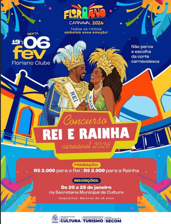Floriano inicia inscrições para o Concurso Rei e Rainha do Carnaval 2026
