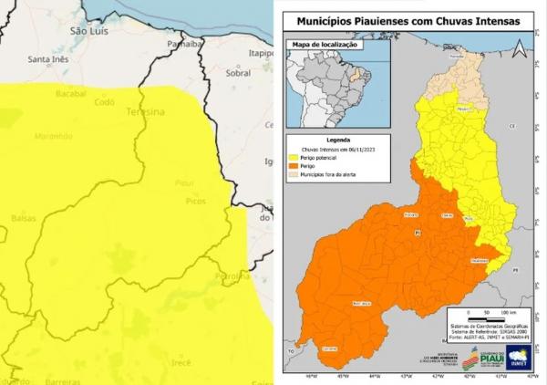 Inmet alerta para risco de chuvas intensas no Piau&iacute; - Ap&oacute;s meses de calor e tempo seco, Sul do Piau&iacute; registra maiores chuvas do Brasil.(Imagem:Inmet/ Semarh)