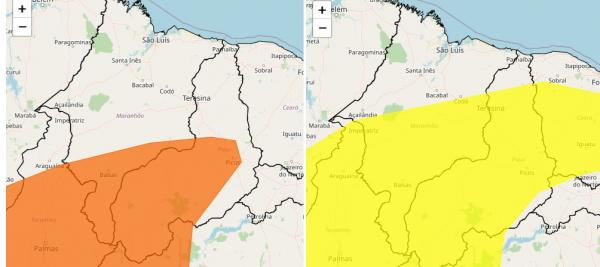 Os alertas amarelo e laranja abrangem quase todos os munic&iacute;pios piauienses.(Imagem:Inmet)