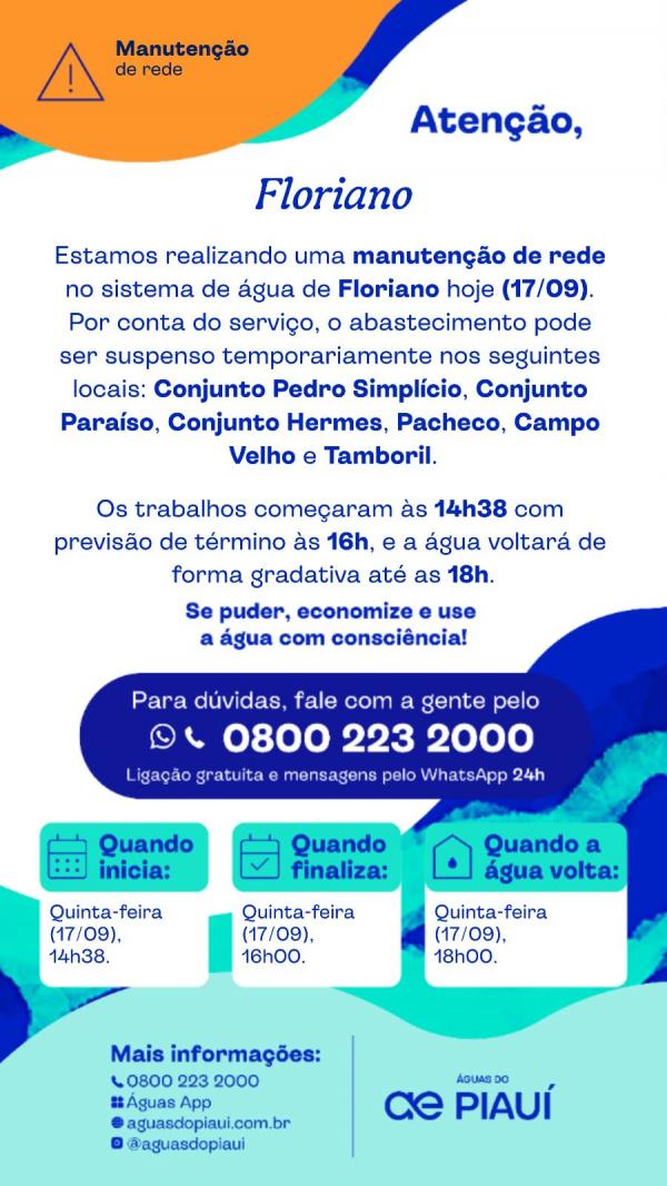 Águas do Piauí realiza manutenção e interrompe abastecimento em bairros de Floriano