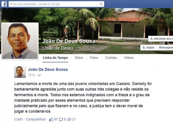 Autoridades lamentam morte de jovem v&iacute;tima de estupro coletico.(Imagem:Reprodu&ccedil;&atilde;o/Facebook)