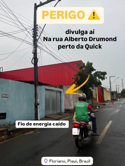 Fios de alta tensão caídos oferecem risco na Rua Alberto Drumond em Floriano