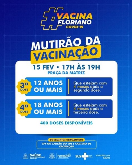 "Mutirão da Vacinação" contra Covid-19 acontece nesta quarta-feira (15) em Floriano