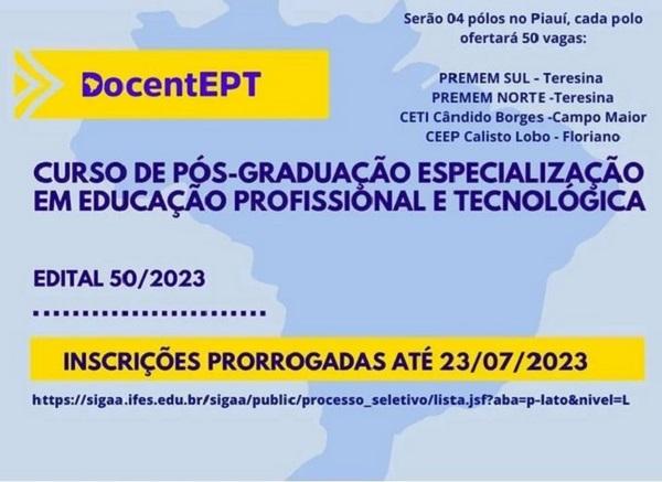 Prorrogadas as inscrições para Curso de Pós-Graduação em Educação Profissional em Floriano
