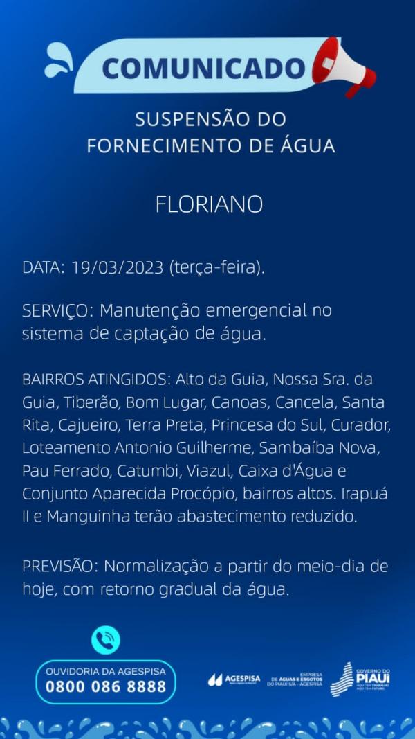 Agespisa realiza manuten&ccedil;&atilde;o emergencial e suspende fornecimento de &aacute;gua em Floriano.(Imagem:Divulga&ccedil;&atilde;o)