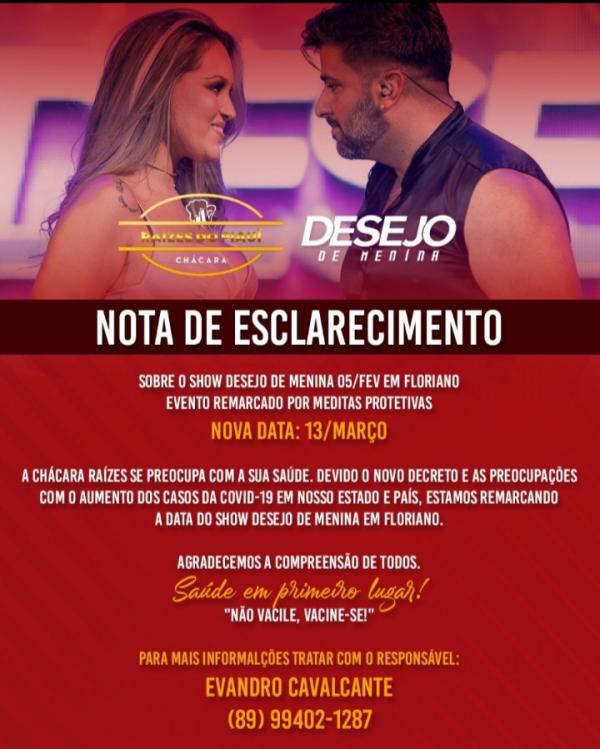 Show da banda Desejo de Menina em Floriano é adiado