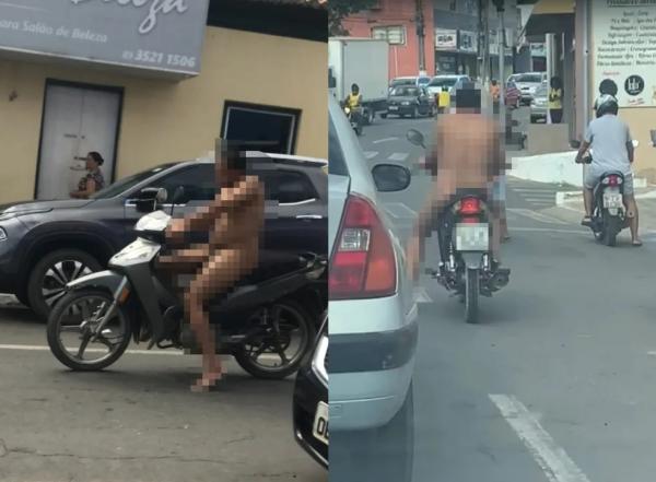 Homem nu &eacute; flagrado pilotando motocicleta pelas ruas de Floriano.(Imagem: Reprodu&ccedil;&atilde;o )