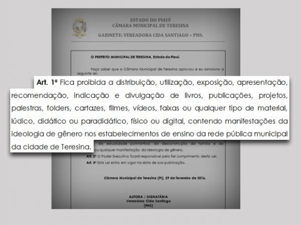 Lei proibe ideologia de g&ecirc;nero em escolas de Teresina.(Imagem:C&acirc;mara Municipal)