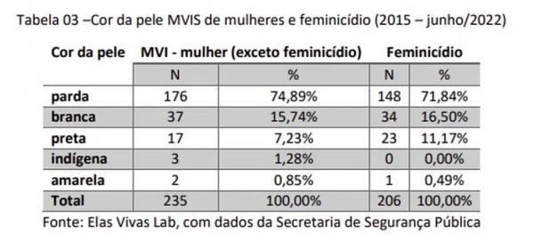  Cor de pele MVIS de mulheres e feminic&iacute;dio (2015 - junho/2022).(Imagem: Elas Vivas Lab )