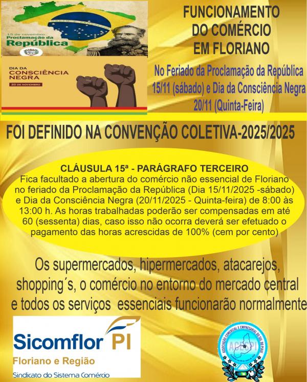  Com&eacute;rcio de Floriano funcionar&aacute; em hor&aacute;rio especial nos feriados de 15 e 20 de novembro(Imagem:Divulga&ccedil;&atilde;o)