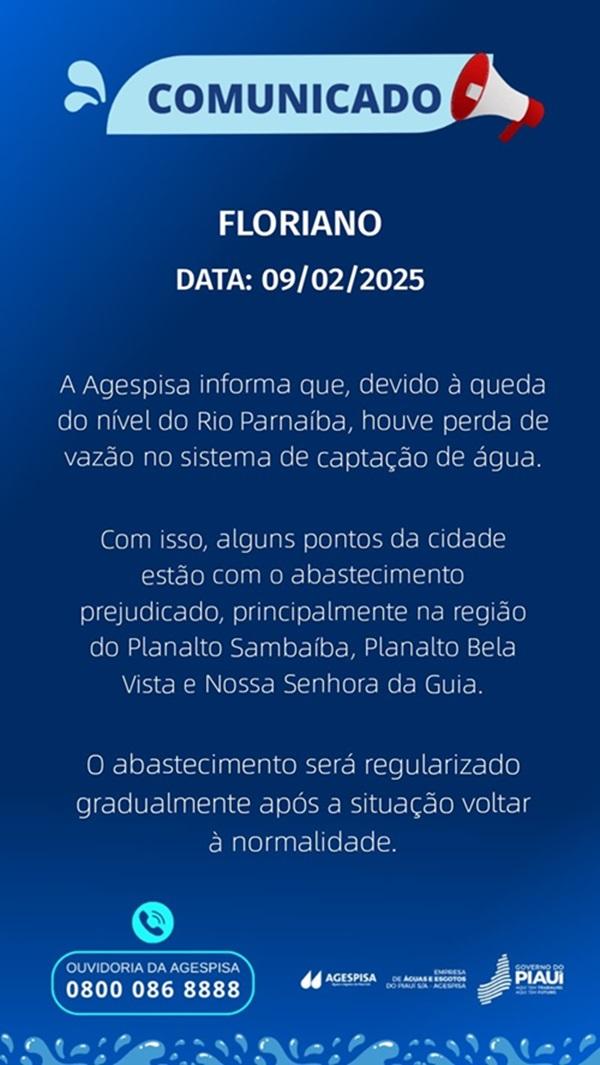 Abastecimento de &aacute;gua em Floriano &eacute; afetado pela queda do n&iacute;vel do Rio Parna&iacute;ba(Imagem:Divulga&ccedil;&atilde;o)