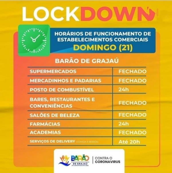 Prefeitura de Bar&atilde;o de Graja&uacute; divulga tabela de funcionamento do com&eacute;rcio durante o lockdown(Imagem:Reprodu&ccedil;&atilde;o)