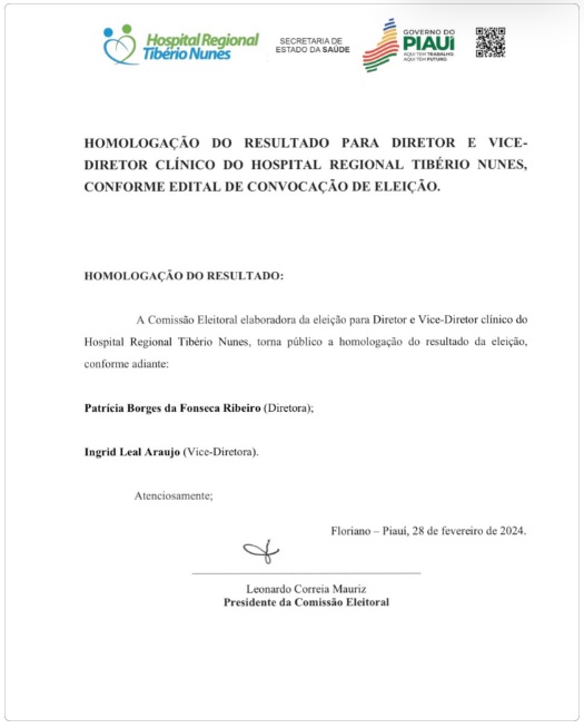 Hospital Regional Tibério Nunes anuncia homologação do resultado da eleição de nova Direção Clínica