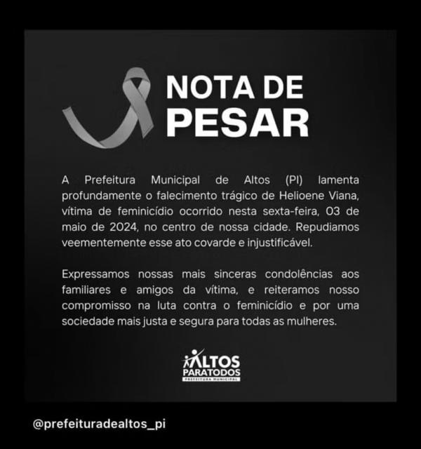 A Prefeitura de Altos emitiu nota de pesar pelo falecimento de Helioene.(Imagem:Reprodu&ccedil;&atilde;o)