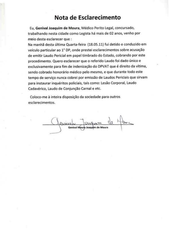 Nota de Esclarecimento Genival Joaquim de Moura(Imagem:Divulga&ccedil;&atilde;o)