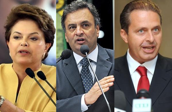 A presidente e candidata &egrave; reelei&ccedil;&atilde;o Dilma Rousseff (PT) e os candidatos A&eacute;cio Neves (PSDB) e Eduardo Campos (PSB).(Imagem:Divulga&ccedil;&atilde;o)