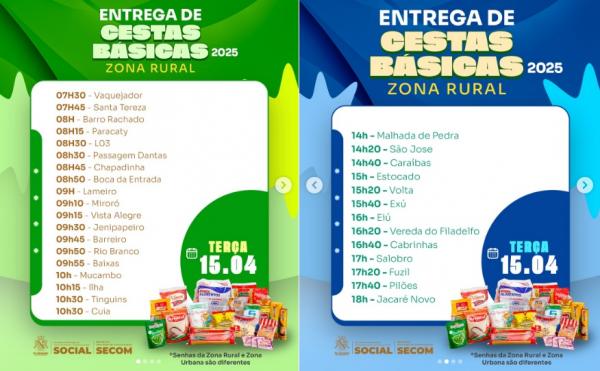 Distribuição de cestas básicas segue nesta terça e quarta na zona rural de Floriano