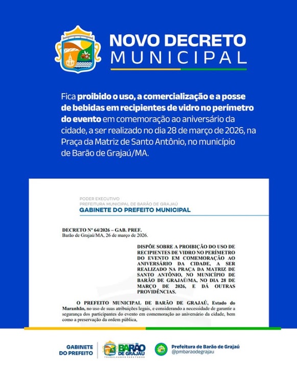 Prefeitura de Barão de Grajaú proíbe uso de garrafas de vidro durante festa de aniversário da cidade