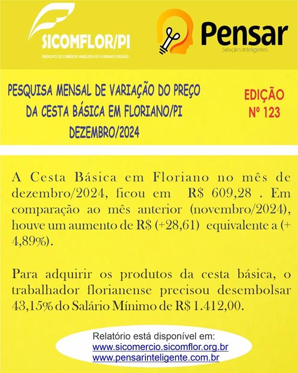 SICOMFLOR e Instituto Pensar divulgam pesquisa mensal da cesta básica de Floriano