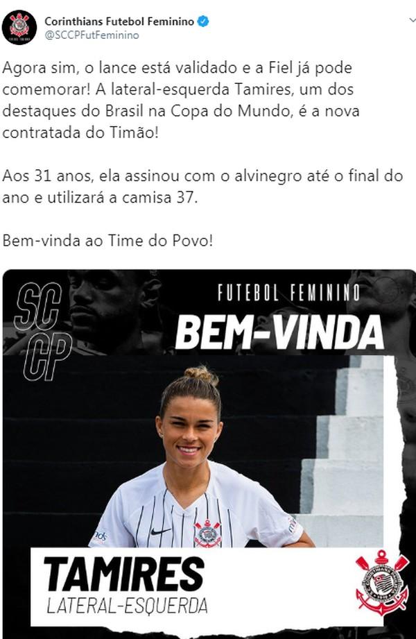 Corinthians faz post dando boas-vindas para a jogadora Tamires.(Imagem:Reprodu&ccedil;&atilde;o da Internet)