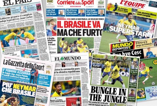 Após gols na estreia do Brasil na Copa, Neymar é capa em jornais pelo mundo