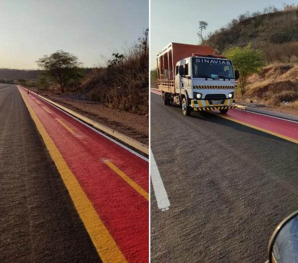 Ciclofaixa no meio de estrada é refeita na lateral da pista de anel viário no Piauí