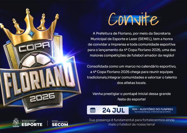 Copa Floriano 2026 ser&aacute; lan&ccedil;ada oficialmente nesta quinta-feira (24) com expectativa de fortalecer o futebol local.(Imagem:Secom)
