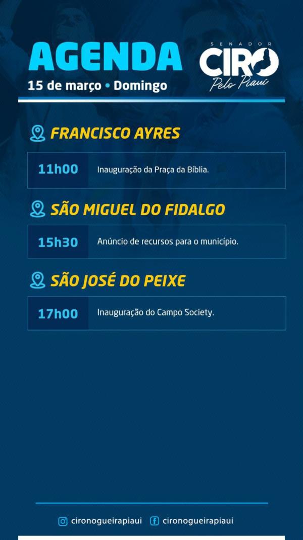 Ciro Nogueira cumpre agenda em três cidades do Piauí neste domingo (15)
