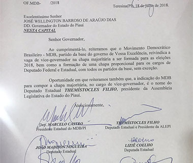 Em ofício ao governador, MDB sustenta Themístocles para vice