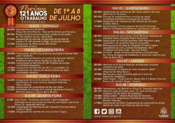 Prefeitura divulga programa&ccedil;&atilde;o de anivers&aacute;rio dos 121 anos de Floriano(Imagem:SECOM)