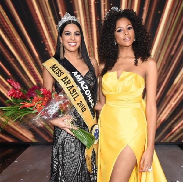 A Miss Amazonas e Miss Brasil 2018, Mayra Dias, e a Miss Brasil 2017, Monalysa Alc&acirc;ntara.(Imagem:Divulga&ccedil;&atilde;o/Band)