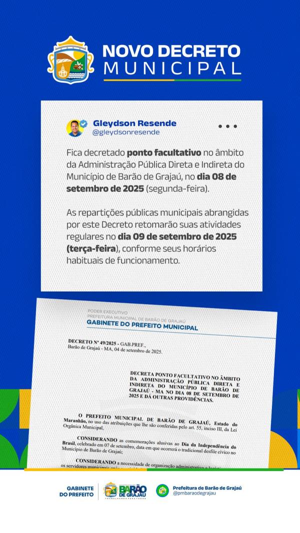 Prefeitura de Bar&atilde;o de Graja&uacute; decreta ponto facultativo no dia 8 de setembro.(Imagem:Divulga&ccedil;&atilde;o)