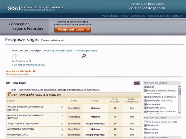 Reprodução do site do Sisu.(Imagem:Reprodução)
