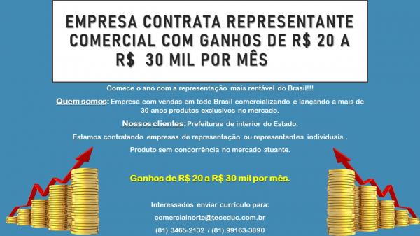 Empresa contrata representante comercial com ganhos de R$ 20 a R$ 30 mil por mês
