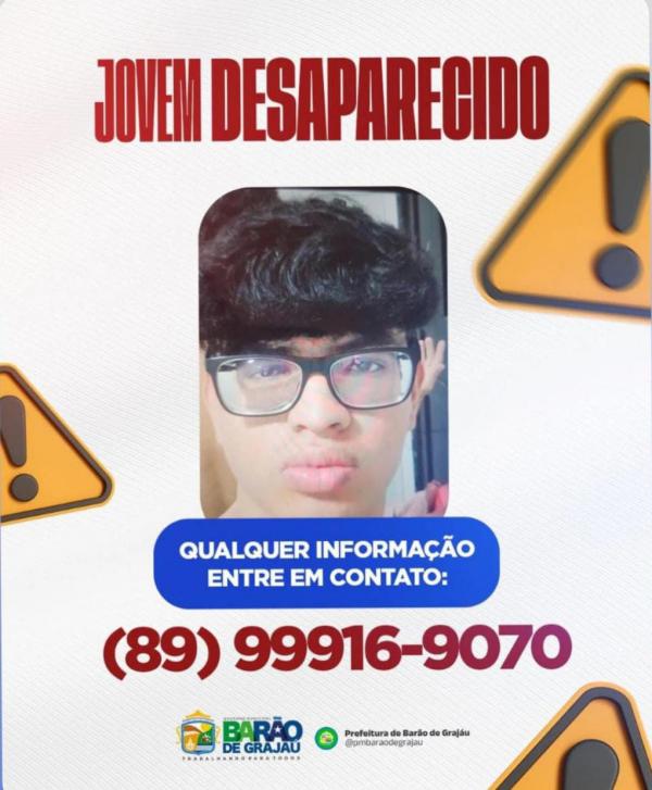 Jovem de 17 anos está desaparecido em Barão de Grajaú; família pede ajuda da população