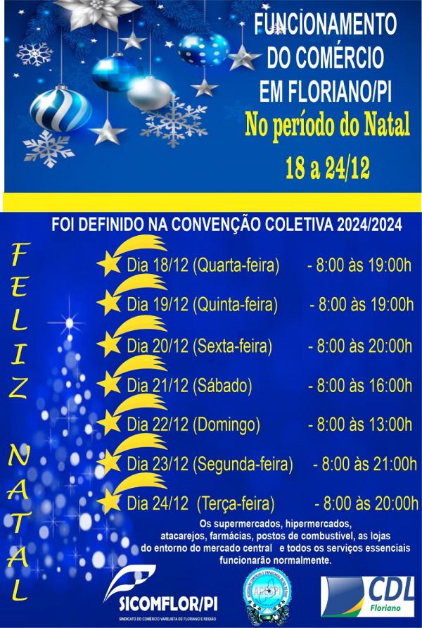 SICOMFLOR divulga horário especial do comércio de Floriano para o Natal 2024