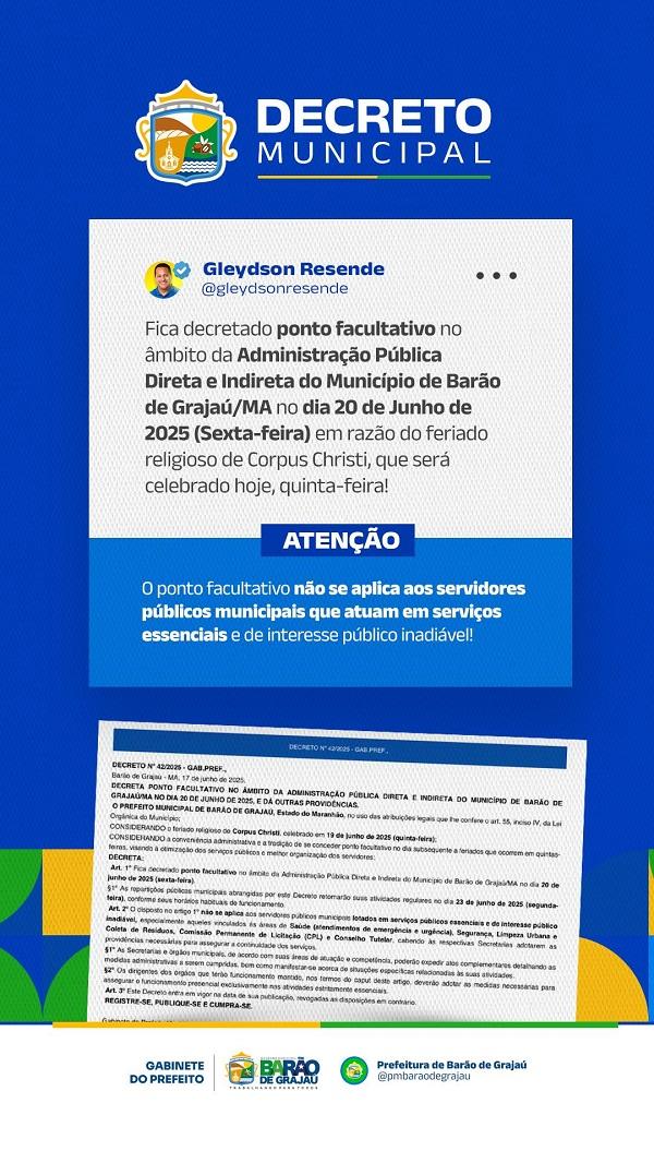 Barão de Grajaú decreta ponto facultativo nesta sexta (20) após feriado de Corpus Christi
