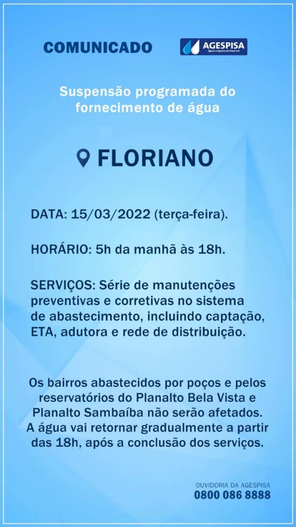 Agespisa comunica suspensão de fornecimento de água nesta terça-feira (15) em Floriano