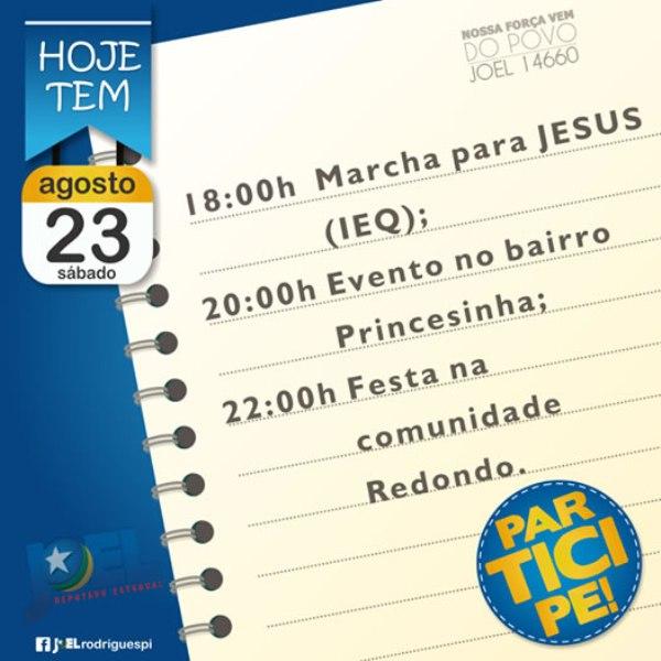 Confira a agenda do candidato Joel Rodrigues para este s&aacute;bado (23).(Imagem:Reprodu&ccedil;&atilde;o/Facebook)