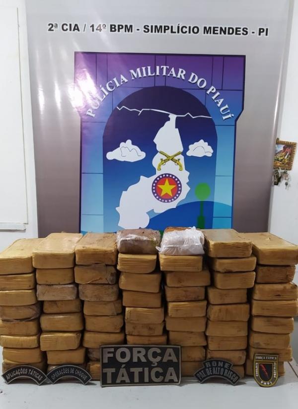 Cerca de 60 quilos de maconha apreendidos em um &ocirc;nibus a caminho de Floresta do Piau&iacute;.(Imagem:Pol&iacute;cia Militar)