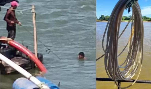 Draga &eacute; interditada ap&oacute;s fiscaliza&ccedil;&atilde;o flagrar mergulhador usando mangueira de ar comprimido na boca, no Piau&iacute;.(Imagem:Minist&eacute;rio do Trabalho e Emprego/ Minist&eacute;rio P&uacute;bli)