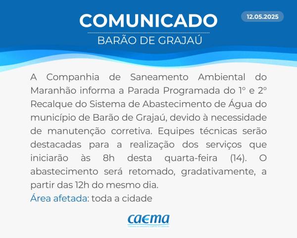 CAEMA realiza parada programada para manutenção em Barão de Grajaú nesta quarta (14)