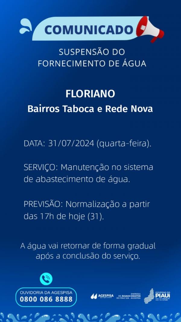 Manuten&ccedil;&atilde;o no sistema de abastecimento de &aacute;gua afeta bairros em Floriano nesta quarta-feira.(Imagem:Divulga&ccedil;&atilde;o)